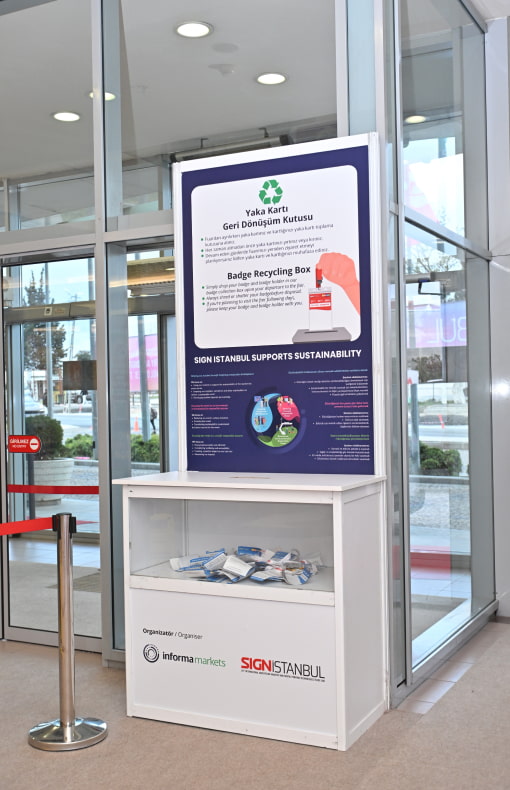  Badge recycling station at SIGN İstanbul promoting sustainability and eco friendly event practices