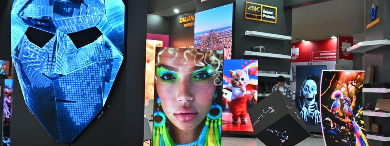 A showcase of LED digital displays with animated faces and bright colors at Sign Istanbul
