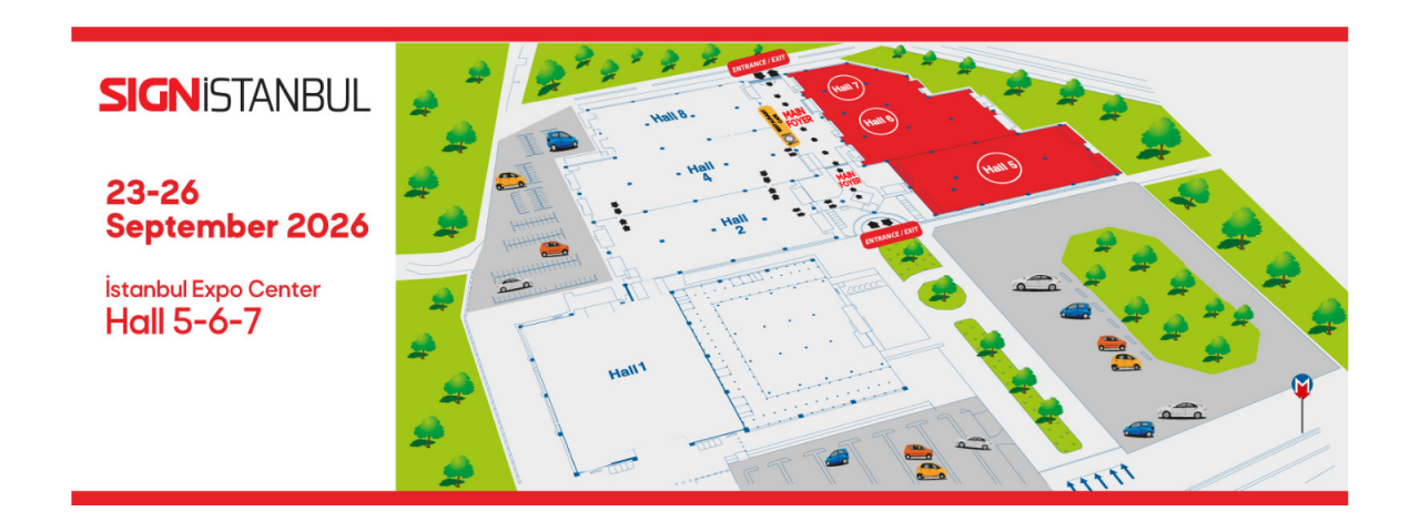 Visitors lining up for registration at SIGN İstanbul, with colorful banners and signs in the venue